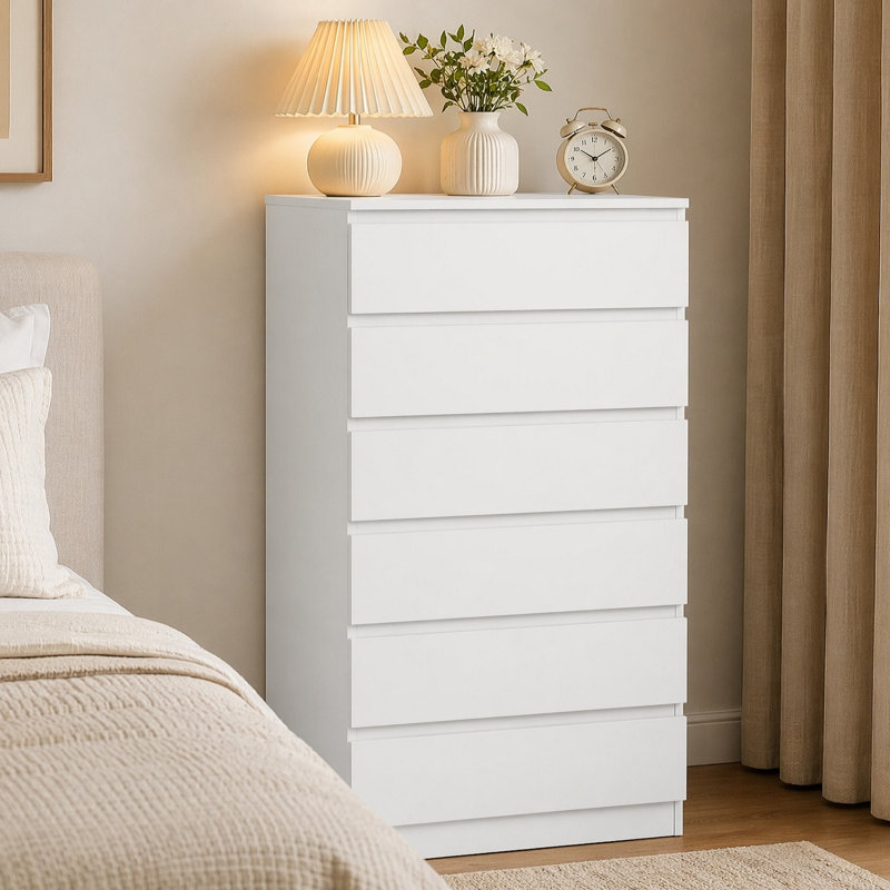 Commode moderne à 6 tiroirs, meuble de rangement haut pour chambre, salon, entrée, couloir, Blanc