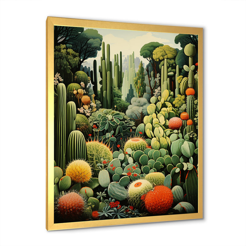 Cactus olive oasis sur toile, H 32 po x l 16 po x P 1 po, Cadre doré simple