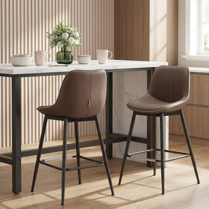 Borna 17.7''W x 15.7''D Mid-Century Faux Leather Bar Stools/ Counter Stools with Steel Frame & Footrest, Brown