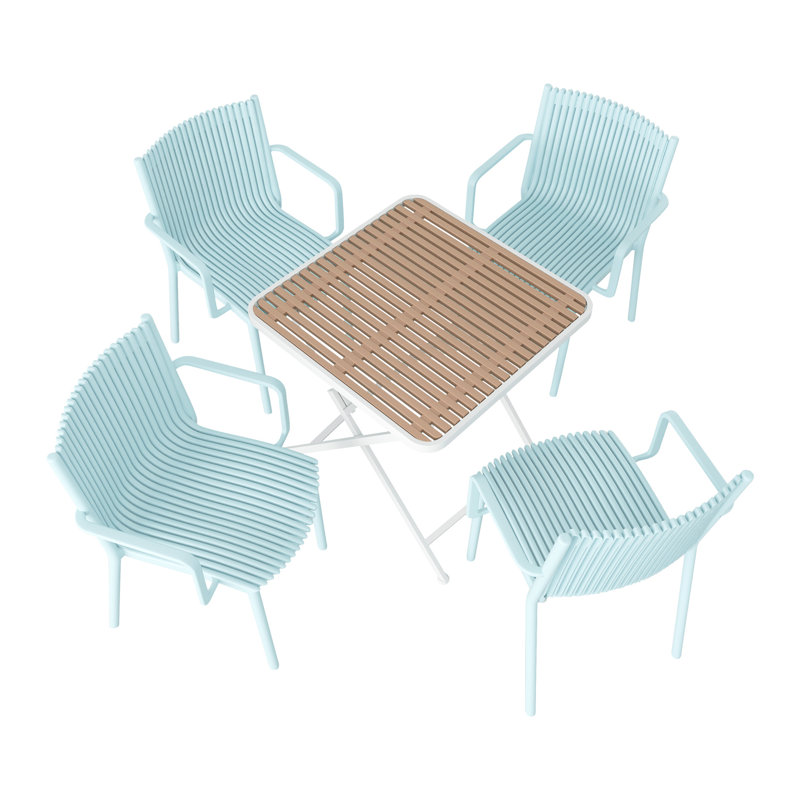 Summer- 4pcs Light Blue Stackable PP Armchair for Indoor/Outdoor Use-Ergonomic Slatted Back with Modern folding indoor/outdoor multi-functional square table- PP tabletop with metal legs(White, khaki)