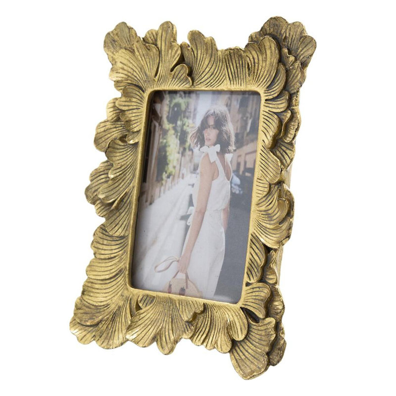 8” x 10” Antique Gold Polyresin Photo Frame with Ornate Leaf Design, Traditional Standing Picture Frame with 5” x 7” Opening for Table, Mantel, Desk, or Nightstand 