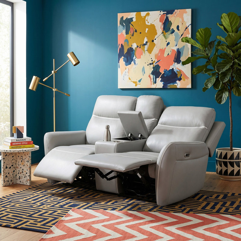 Cloudara Light Gray  Vegan Leather  Reclining  Loveseat With Cup-Holders And LED Lights
