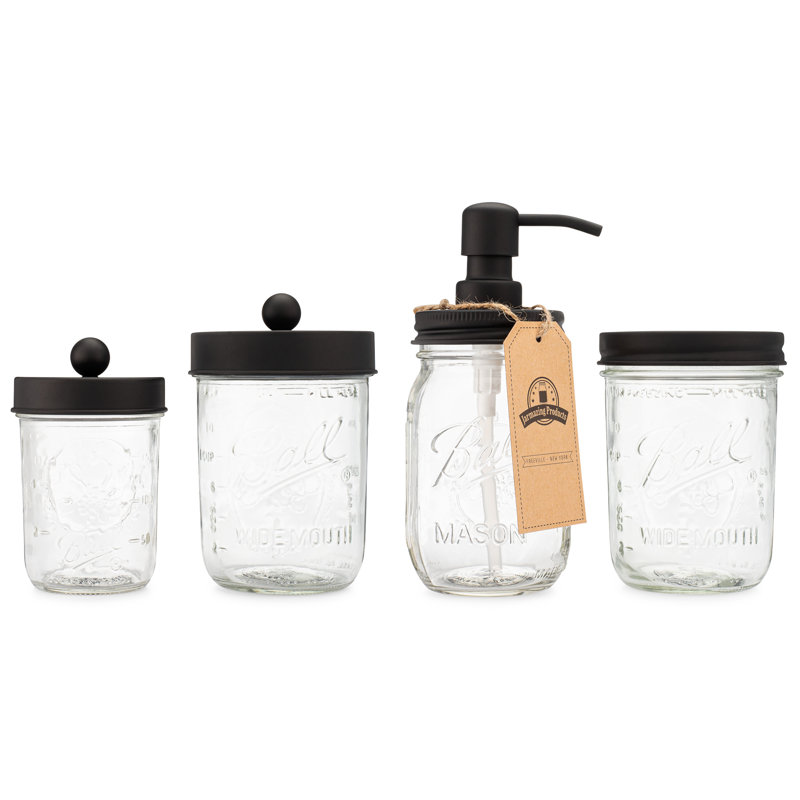 Black Glass and Metal Mason Jar Bathroom Set