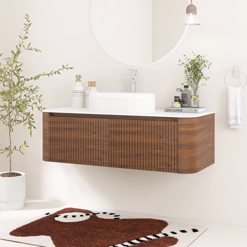 Meuble-lavabo mural cannelé 48 po avec lavabo vasque en céramique, deux tiroirs et porte-serviettes 48 po, Walnut