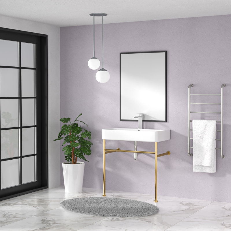 Lavabo de salle de bain console rectangulaire en céramique à trou simple 32 po x l 17 po avec trop-plein, Blanc / or