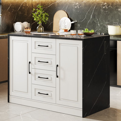 Îlot de cuisine 47,2 po avec 4 tiroirs, îlot de cuisine en faux marbre avec grande armoire de rangement pour la cuisine et la salle à manger