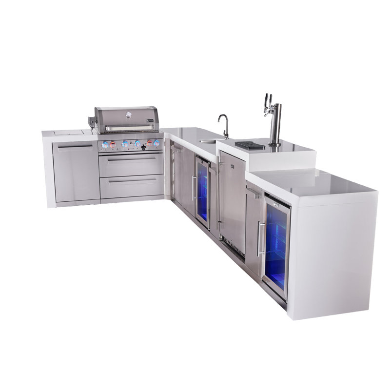Mont Alpi Premium 4-burner 82"x161" L-shaped Deluxe Stainless Steel Modular Outdoor Kitchen Island Bbq Gas Grill + Beverage Center Refrigerator Faucet & Sink + Kegerator + Storage Drawers & Cabinets