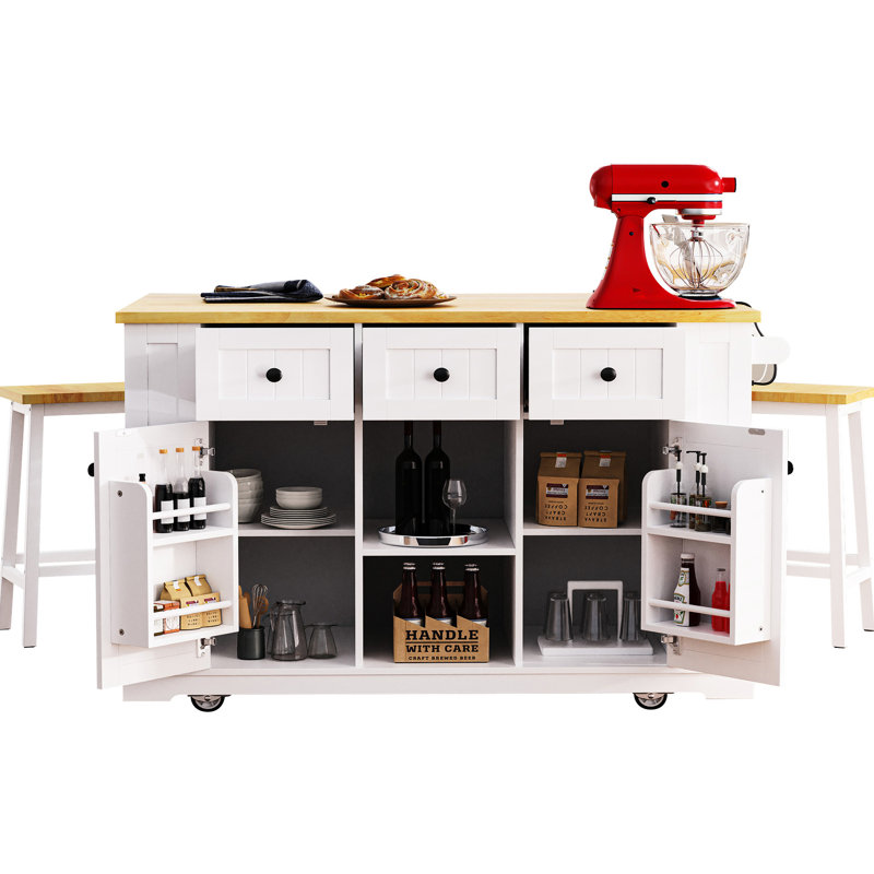 Îlot de cuisine de 53 po avec 2 tabourets, connecteur d'alimentation, 5 chariots portatifs, rangement interne, abattant, 3 tiroirs pour la salle à manger et le coin repas, barre blanche de 53 po, support de rangement électrique, support