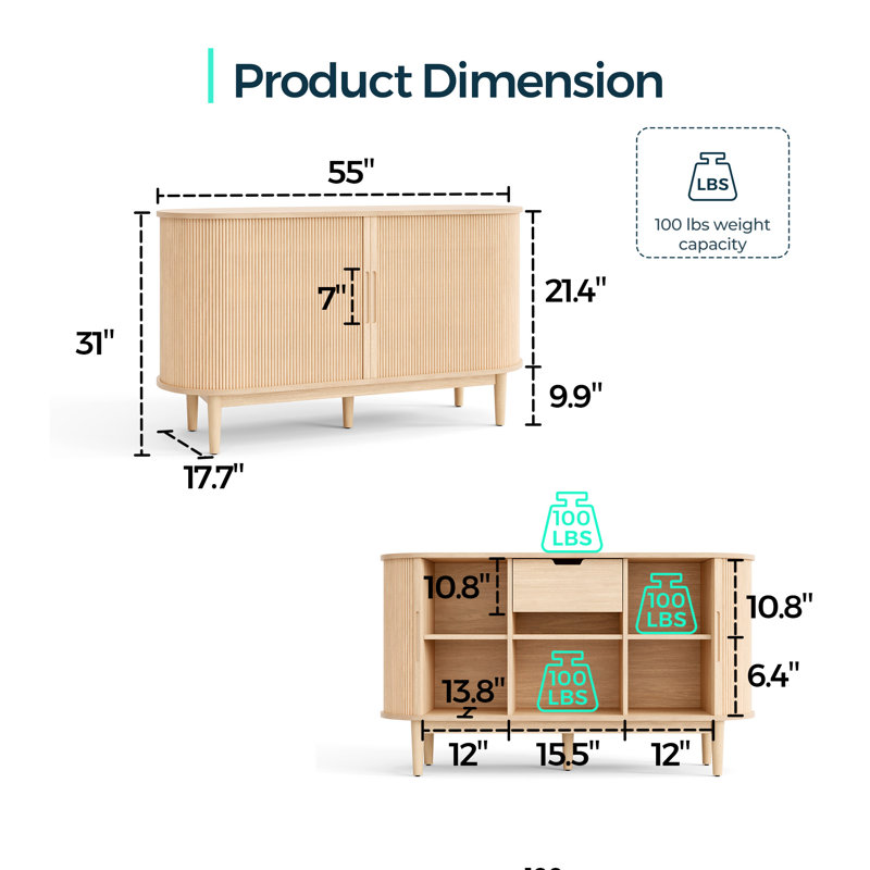 Buffet Leathia avec pieds en bois massif, armoires de cuisine avec porte tambour coulissante, Oak