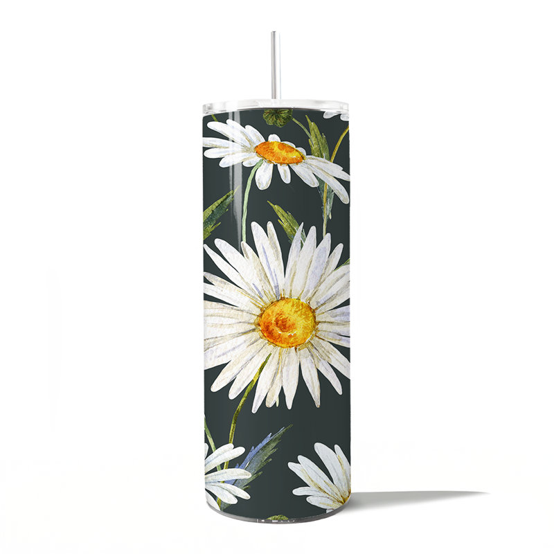 Gobelet personnalisé à motif de fleurs blanches avec couvercle 20 oz et paille en acier inoxydable