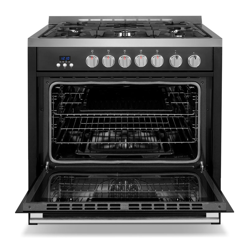 Cosmo 36 po Nebula Collection Cuisinière à gaz, 5 brûleurs, four à convection rapide, poignée lisse en noir mat