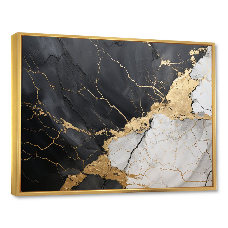 Art sur toile en forme de spirales abstraites or noir noir III, 24" H x 32" W, Cadre flottant doré