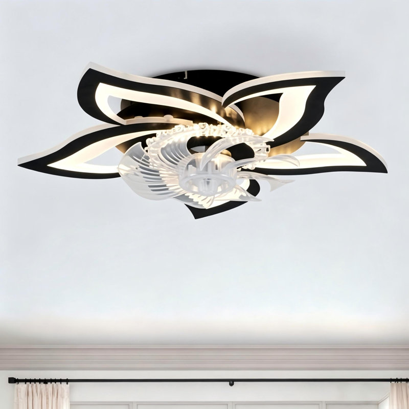 24in Modern Floral Flush Mount Ceiling Fan with LED Light, 24" Wide