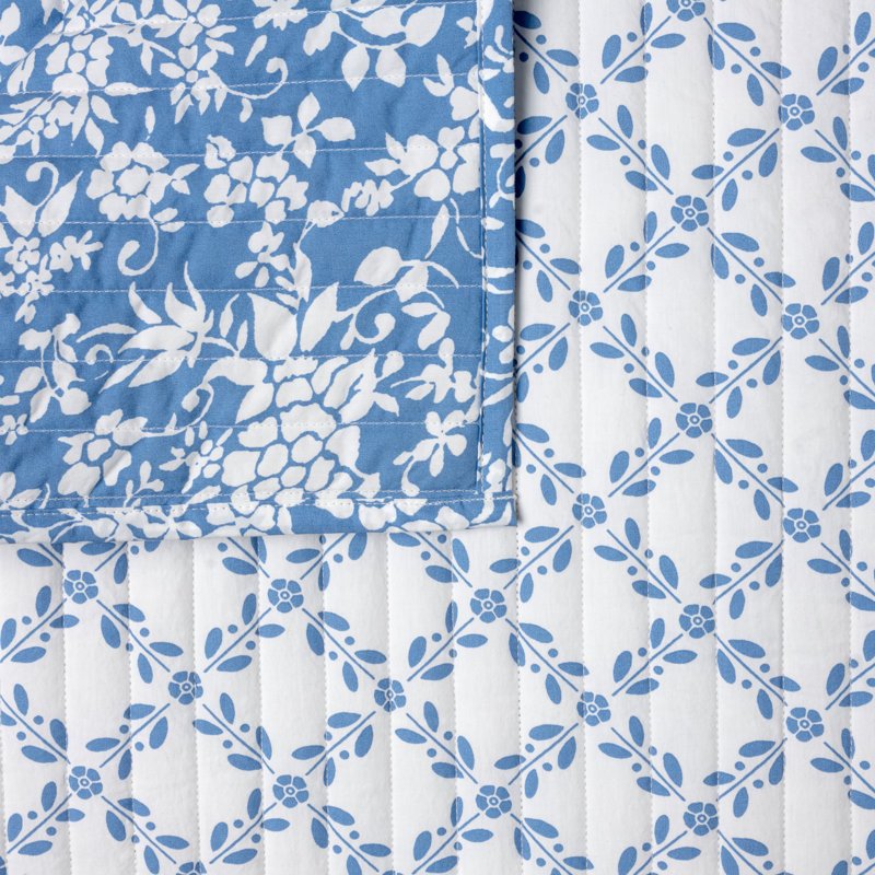 Ensemble de courtepointe réversible standard en coton 200 fils 3 pièces, Bleu, Très grand