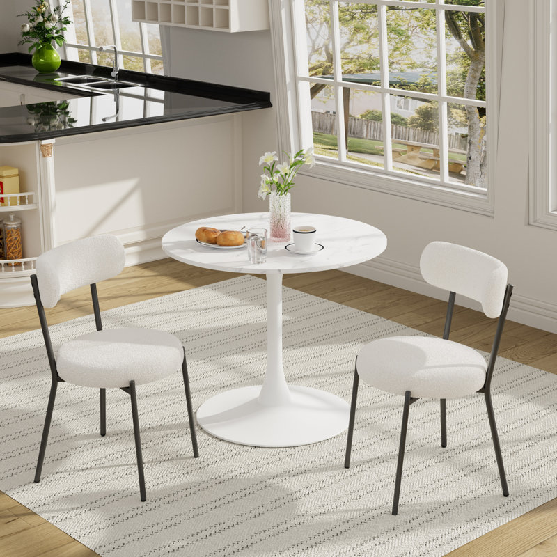 3 Piece Dining Room Round Table and Teddy Chairs Set, White, White