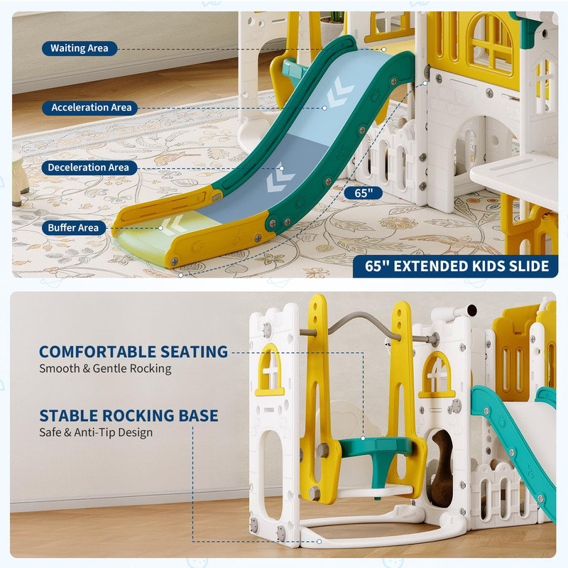 Ensemble de jeux pour enfants 9-en-1 avec glissoire, balançoire et tunnel pour la cour, Green