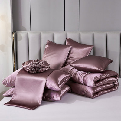 Ensemble d'édredon en satin avec draps pour lit très grand 8 pièces Silk Like Blush
