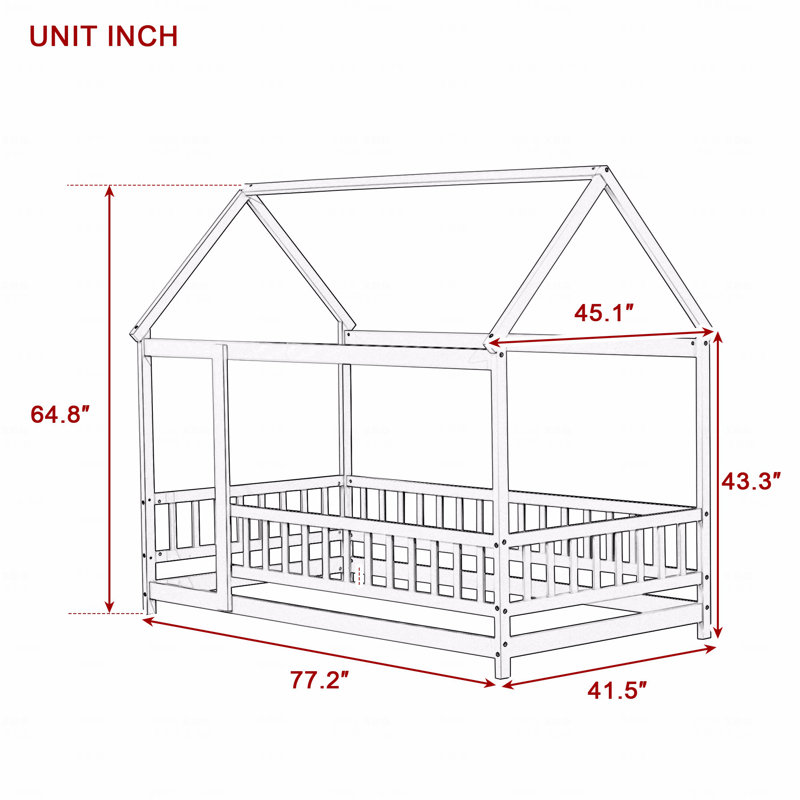 Twin Size House Floor Wooden Frame Materialen Bed Frame With Roof Frame,Safety Guardrails, Twin, White