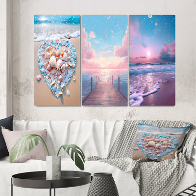 " Pink And Turquoise Heart On The Beach " 3 - Pieces
