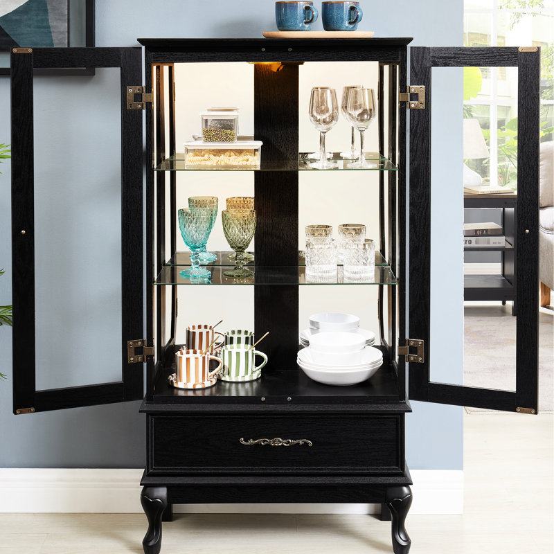 Présentoir à vin 2 portes avec tablettes réglables, lumières DEL, miroir arrière, portes en verre avec rangement rétro pour la maison, finition noire, poignée, tiroir caché, éclairage