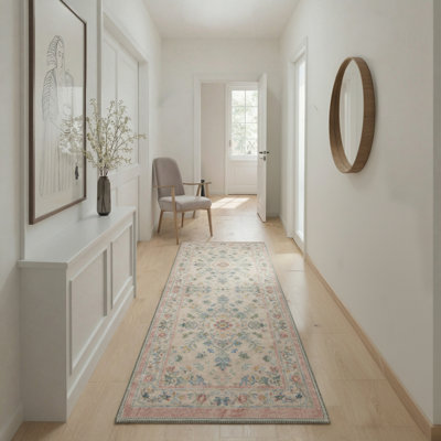 Vilve Floral Machine Washable Blush/Beige/Blue Indoor Area Rug With Non-Slip Backing