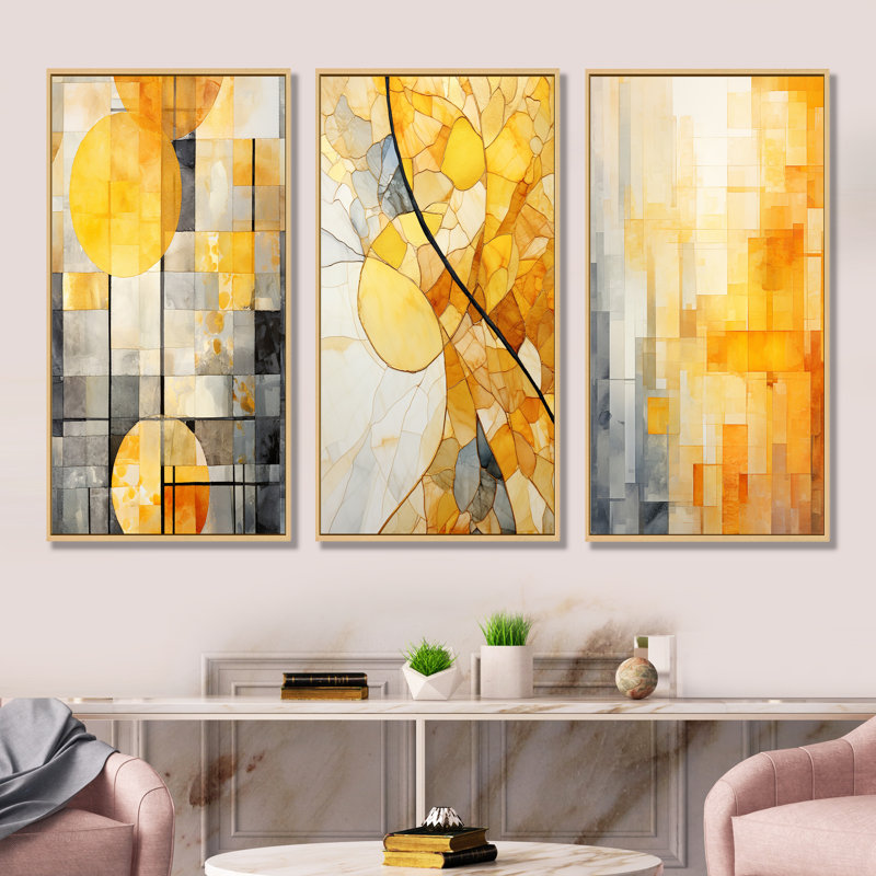 Ensemble de 3 panneaux muraux jaunes à la lumière du soleil - Collages abstraits sur toile, Cadre flottant brun