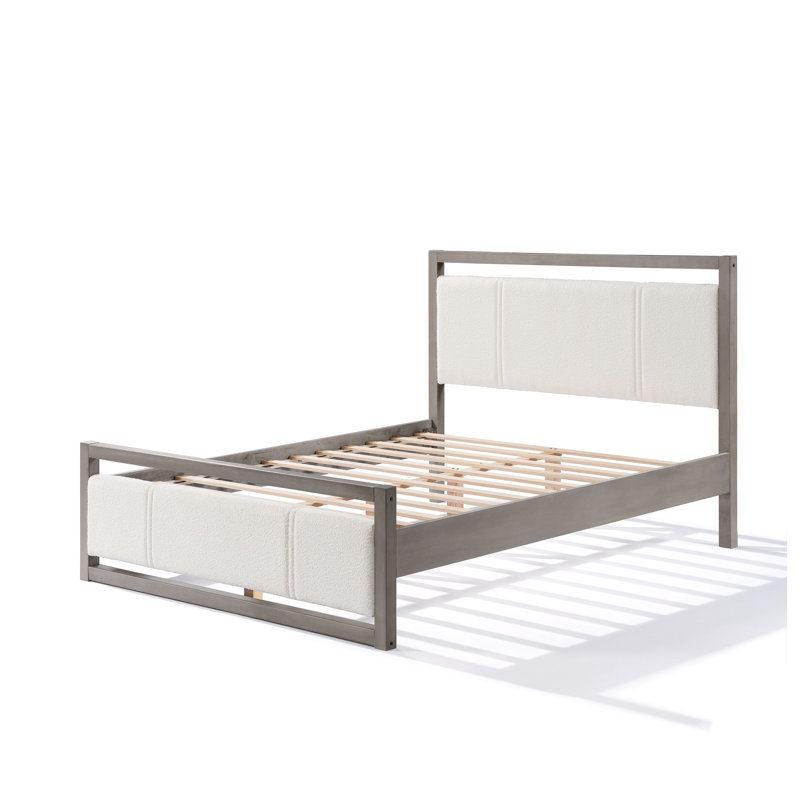Grand lit plateforme avec tête de lit Boucle ivoire et structure en bois d'hévéa gris