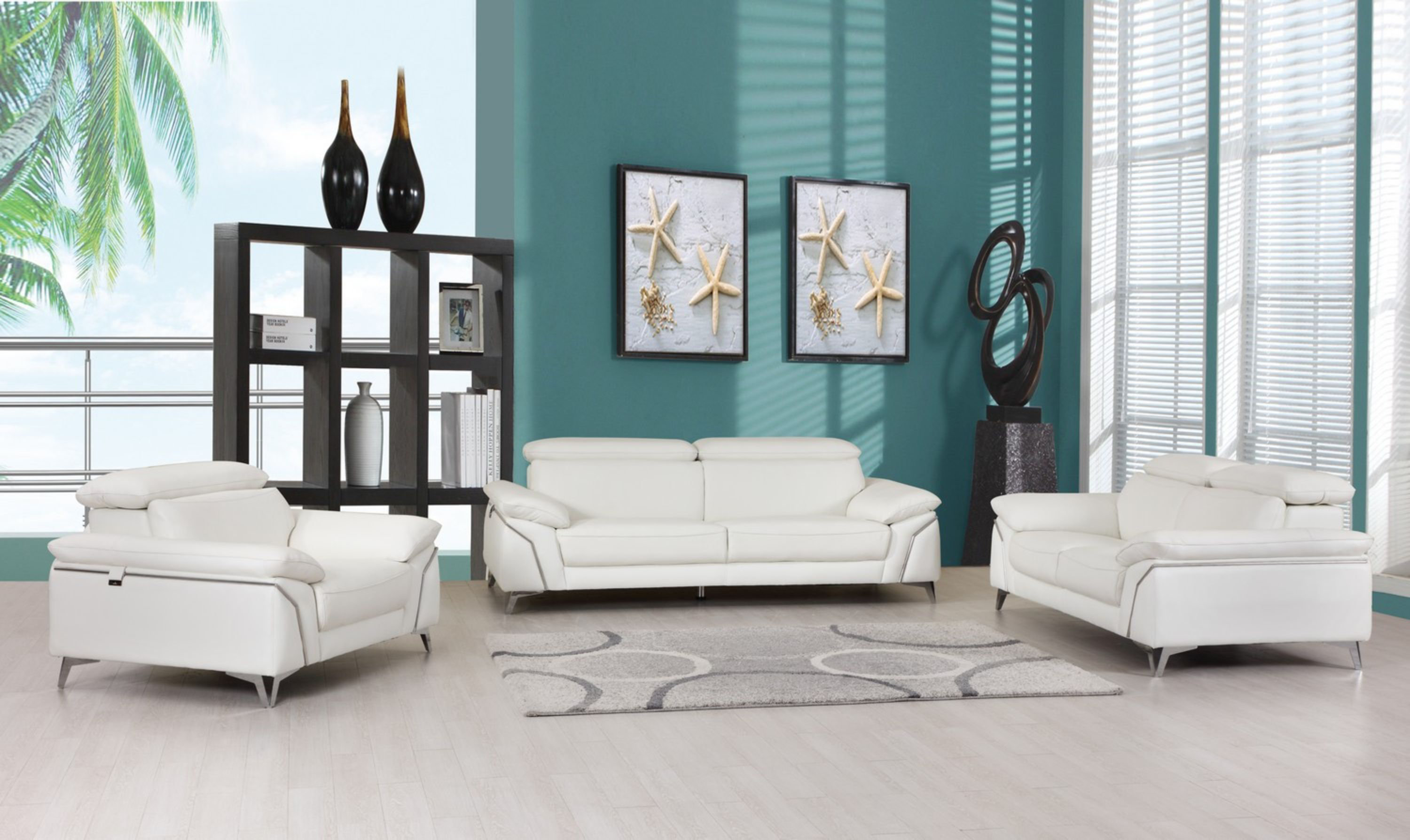 Three Piece Indoor Blue Italian Leather Six Person Seating Set Three Piece Indoor Blue Italian Leather Six Person Seating Set