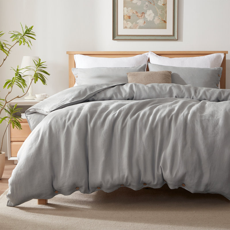 TOSMO 100% Linen Duvet Cover Set with Button Closure,Soft Breathable Durable Farmhouse Bedding, Light Grey