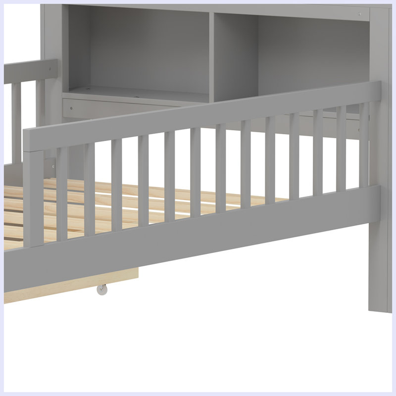 Lit moderne avec support de tête de lit, deux tiroirs sous le lit, trois barrières de sécurité pour plus de sécurité, Gris