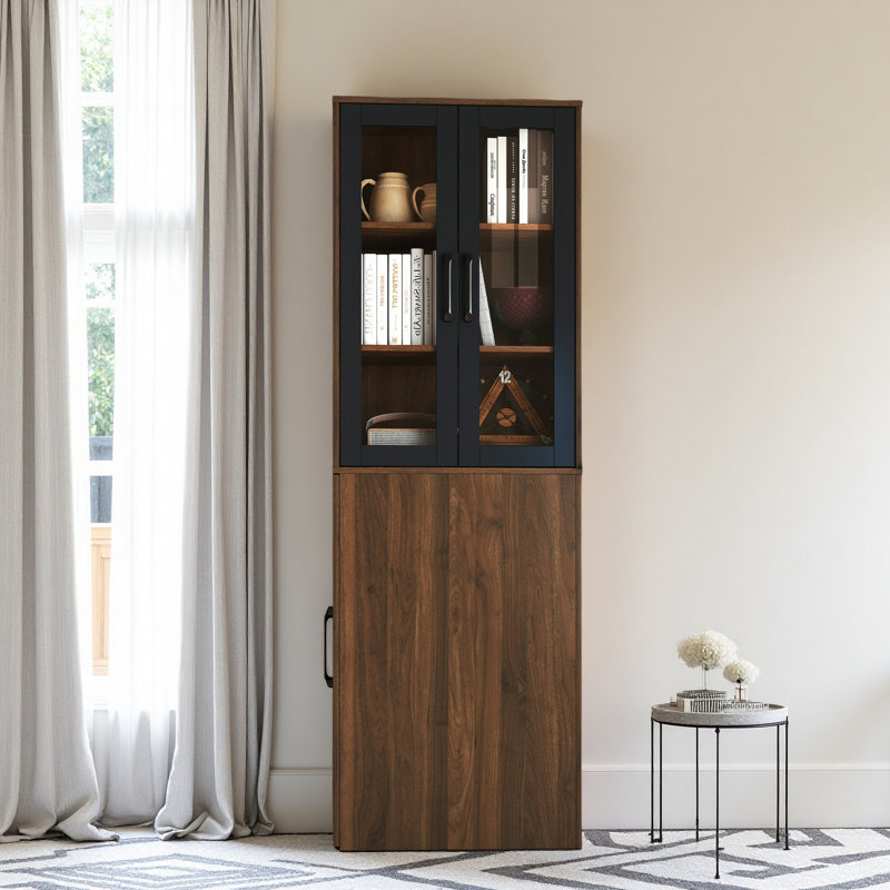 70.87" H Display Storage Cabinet , 4 Tier Multi-Functional Pull-Out Multi-Tier Storage Shelf & 2 Glass Doors, Walnut
