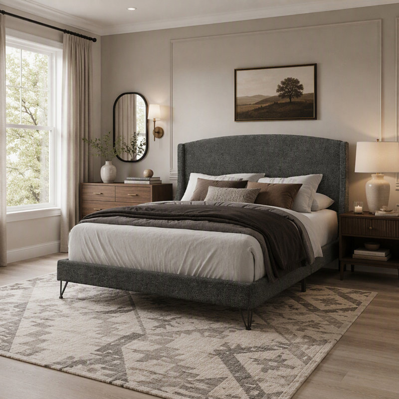 Base de lit plateforme tapissier Boucle, Très grand lit, Gris foncé