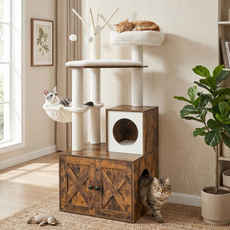 Arbre à chat 55,1 po avec bac à litière, Brun