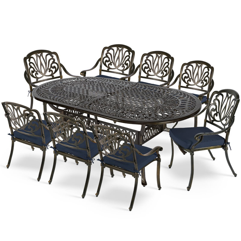 8 - Person Patio Dining Set Umbrella Hole Included Oval Table with Cushions Included, Navy Blue
