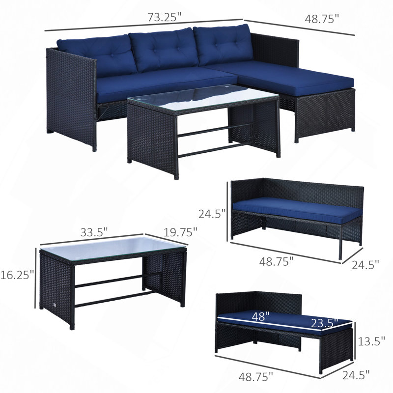 Loveseat Sofa Chaise Lounge Coffee Table Patio Furniture Set, Rattan Outdoor Sofa Set, Navy