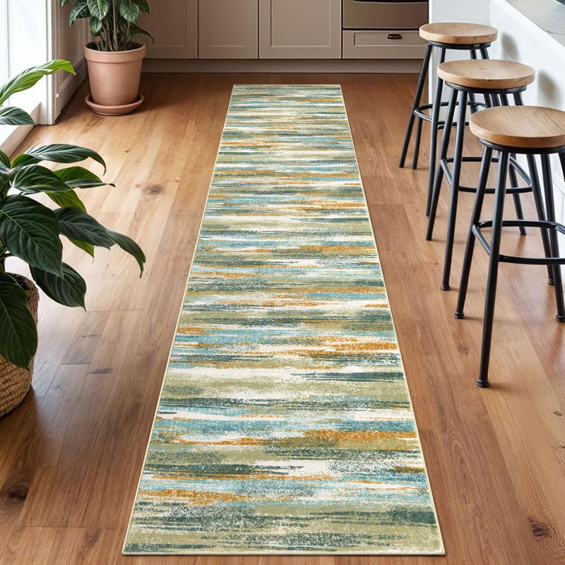 Washable Kitchen Runner Rug Non-Slip, Green Teal Mustard, 2' x 10' (Runner)