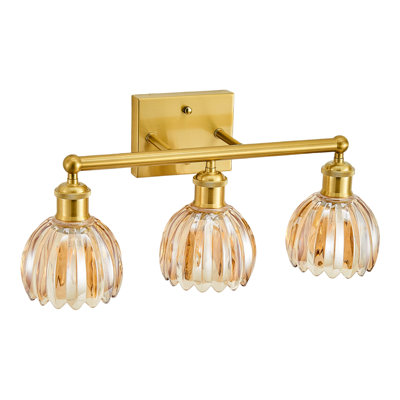 Éclairage pour meuble-lavabo à 3 lumières en or brossé, adapté à la salle de bain, avec abat-jour en verre tulipe ambré nervuré, luminaire de salle de bain