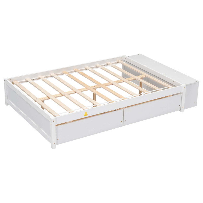 Full Size Bed With Storage Case, 2 Storage Drawers, Lengthwise Support Slat, White