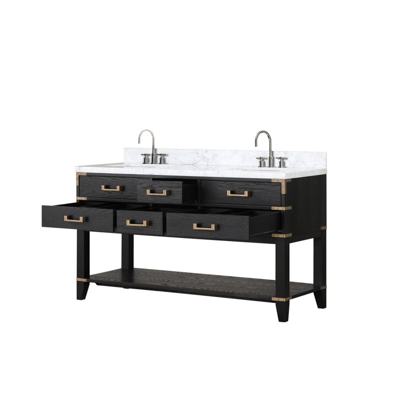 Meuble-lavabo double en chêne noir 60 po X P 22 po D, dessus en marbre de Carrare et ensemble de robinet, Marbre de Carrare