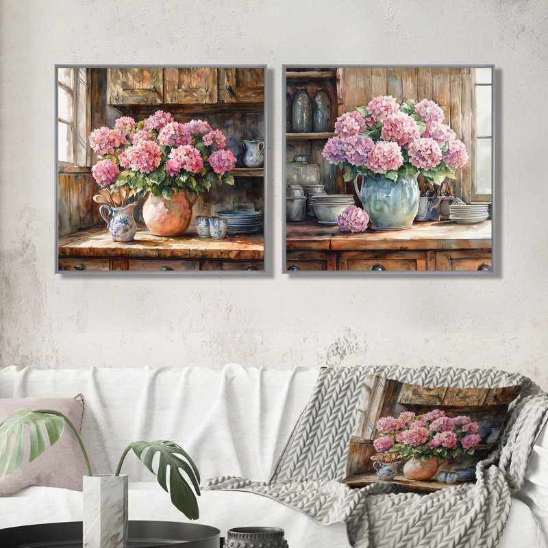 Hortensias à la ferme dans un vase en poterie I - Hortensia - Art mural traditionnel 2 pièces, Cadre flottant, Argent argent