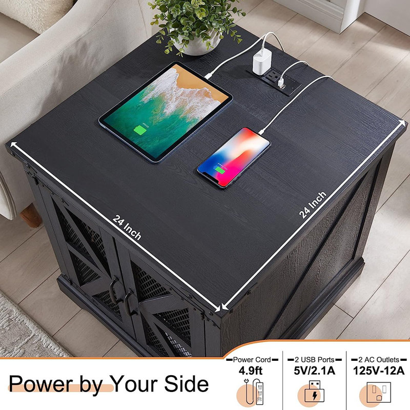 Table de bout de style campagnard carré H 25 po x l 24 po avec station de charge et portes de grange, Noir