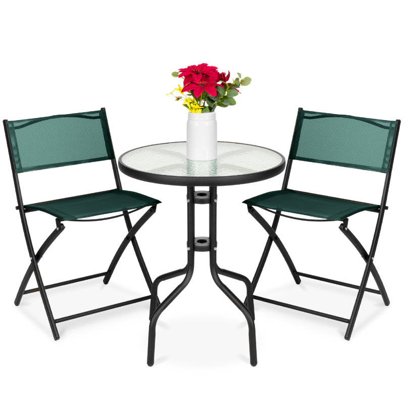 3-Piece Patio Bistro Dining Furniture Set W/ Glass Tabletop, Folding Chairs, Dark Green