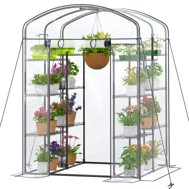 57" Walk-In Garden Greenhouse with Adjustable Shelves, Space-Saving Design, Heavy-Duty Steel Frame and PVC Cover for Plants, Flowers & Vegetables