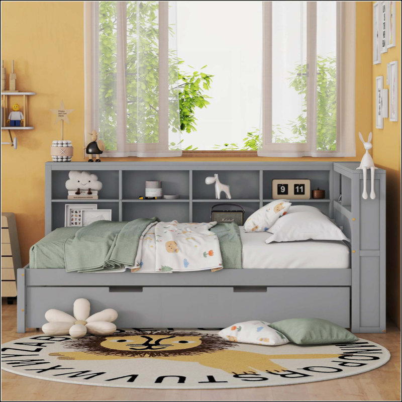 Wooden Daybed With Trundle, Daybed With Storage Shelf And USB Charging Ports, Full, Gray