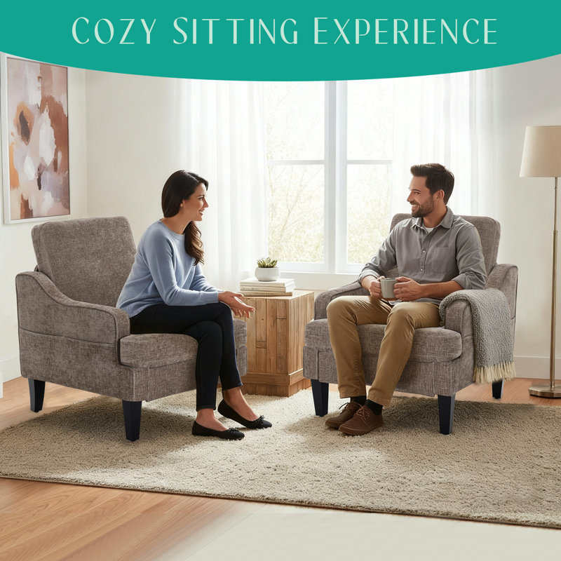 Modern Accent Chairs Set Of 2 Upholstered Reading Chair For Bedroom With Side Pockets Comfy Living Room Chairs Living Room Armchair For Office, Apartment (Brown Chenille)
