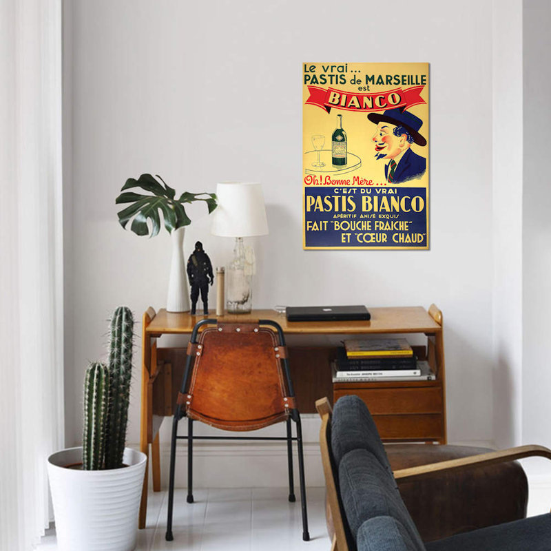 « pastis de marseille bianco », affiche rétro sur toile, H 12 po x l 8 po x P 0,75 po, Toile tendue, Pas de tapis
