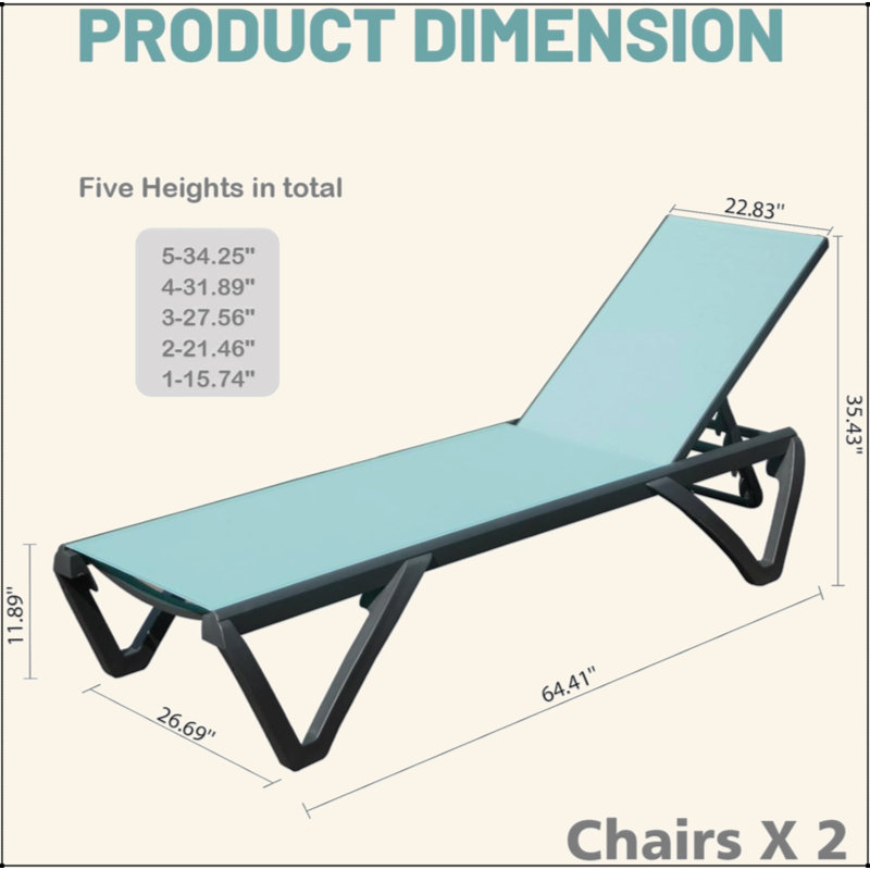 Outdoor Lounge Chair, 2 Pieces Aluminum Plastic Patio Chaise Lounge With 5 Position Adjustable Backrest And Wheels, All Weather Reclining Chair For Outdoor, Beach, Yard, Pool
