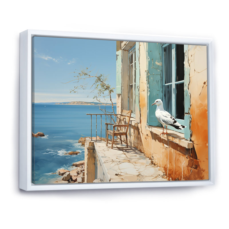 «Seagulls Perch Horizon III - Coastal Windows», art mural, Cadre flottant blanc, H 34 po x l 44 po x P 1,5 po