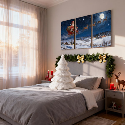 Christmas Santa Claus Flying Sleigh Reindeer Snowy Landscape Night Sky Moon Set of 3 Canvas Wall Art Prints