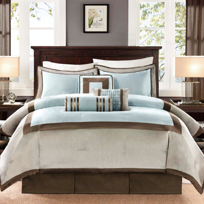King Comforter 7 Pieces - Blue And Taupe With Decorative Pillows Steam Piece Bedding Ribbon Wrinkle- Feature
